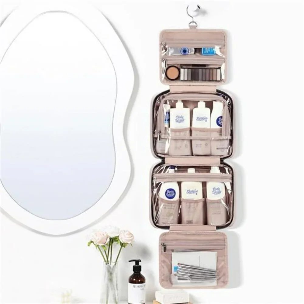 NISHEL Hanging Toiletry Bag Pink Travel Organizer for Full Size Bottles Makeup